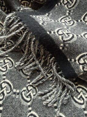 Gucci Black and Gray Monogram Fringed Scarf